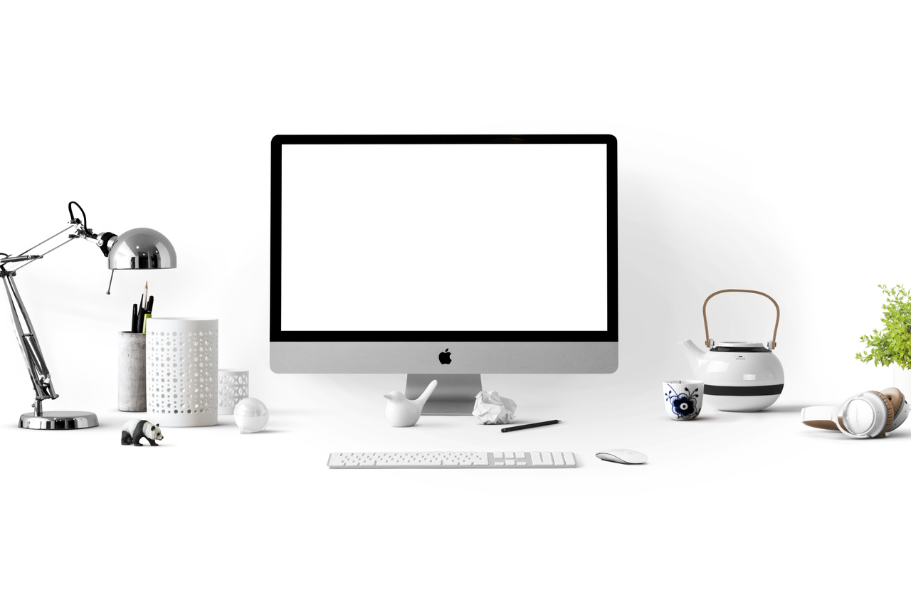hero-img Minimalist office desk with an iMac, lamp, and stationary, perfect for tech backgrounds.